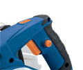 A handle at the front of the circular saw and a soft-grip handle at the rear provide a secure, two-handed grip