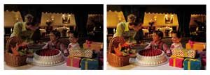 Noisy, faded colours and overall darkness to vivid cake and presents and a bright tone all over