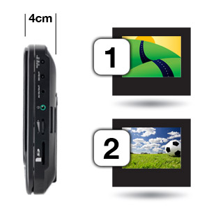 Slim design. Play two independent movies or share one movie on two screens