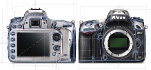 The D600 back and front with weatherproofing outlined in blue