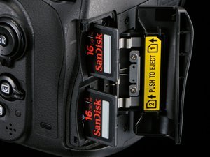 The right hand side of the camera showing the twin slots for the SD memory cards