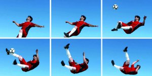 Picture shows a series of six continuous shots of a man kicking a football.