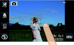 Picture shows an example of the menu and image display when the camera is being used to take a photo using the touch-screen.