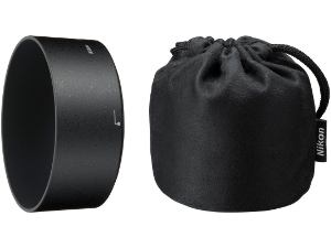 Picture shows the lens hood and soft carrying pouch included.