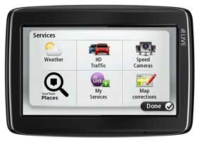 The menu system allows easy access to services such as map corrections, TomTom places search and weather updates.