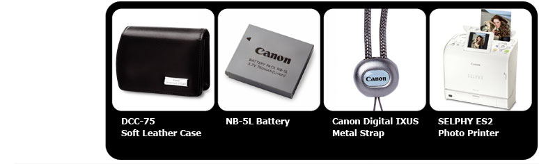 DCC-75 Soft Leather Case, NB-5L Battery, Canon Digital IXUS Metal Strap, SELPHY ES2 Photo Printer