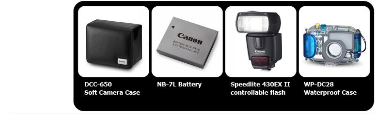DCC-650 Soft camera Case, NB-7L Battery, Speedlite 430EX II Controllable Flash, WP-DC28 Waterproof Case