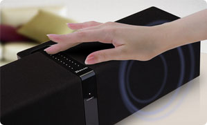 The stylish design includes a touch sensitive volume control