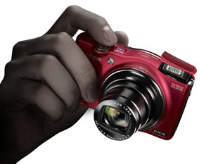 Non-slip grip and tilted shutter button