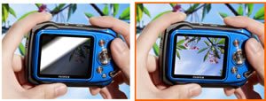 The anti-reflective coating on the LCD display helps composition in bright sunlight or underwater