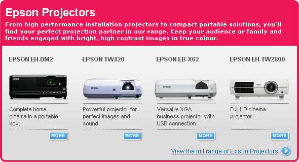 Epson Projectors: From high performance installation projectors to compact portable solutions, you�ll find your perfect projection partner in our range. Keep your audience or family and friends engaged with bright, high contrast images in true colour.