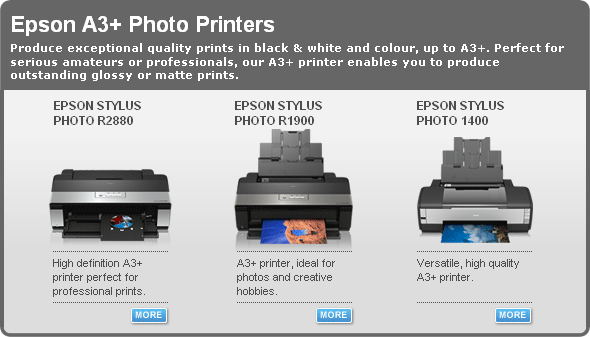 Epson A3+ Photo Printers: Produce exceptional quality prints in black & white and colour, up to A3+. Perfect for serious amateurs or professionals, our A3+ printer enables you to produce outstanding glossy or matte prints.