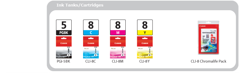 Ink Tanks/Cartridges Available -- PGI-5BK (Black), CLI-8C (Cyan), CLI-8M (Magenta), CLI-8Y (Yellow), CLI-8 ChromaLife Pack