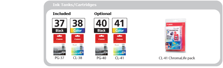 Ink Tanks/Cartridges -- Included: PG-37 (black), CL-38 (colour); Optional: PG-40 (black), CL-41 (colour), CL-41 ChromaLife pack