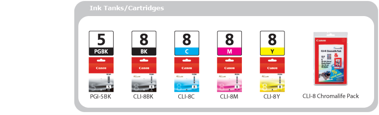 Ink Tanks/Cartridges Available -- PGI-5BK (PGBK), CLI-8BK (BK), CLI-8C (C), CLI-8M (M), CLI-8Y (Y), CLI-8 ChromaLife Pack