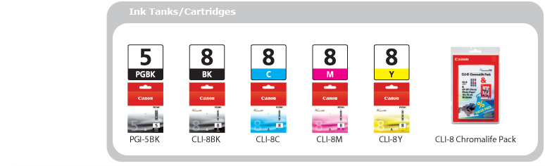 Ink Tanks/Cartridges Available -- PGI-5BK (PGBK), CLI-8BK (BK), CLI-8C (C), CLI-8M (M), CLI-8Y (Y), CLI-8 ChromaLife Pack