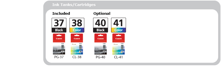 Ink Included: PG-37 BK, CL-38 CLR -- Optonal: PG-40 BK, CL-41 CLR