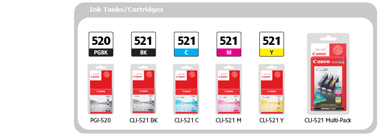 Ink Tanks/Cartridges: PGI-520 PGBK, CLI-521 BK, CLI-521 C, CLI-521 M, CLI-521 Y, CLI-521 Multi-Pack