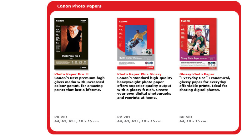 Photo Paper Pro II (PR-201): Canon's new premium high gloss media with increased colour gamut, for amazing prints that last a lifetime -- Photo Paper Plus Glossy (PR-201): Canon's standard high-quality heavyweight photo paper offers superior quality output with a glossy finish -- Glossy Photo Paper (GP-501): 