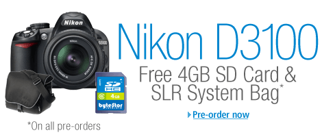 Pre-order a Nikon D3100 Digital SLR Camera and get a Free 4GB SD Card and SLR System Bag