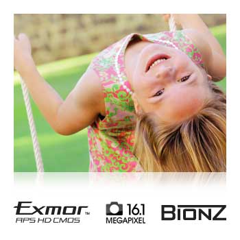 16.1-megapixel Exmor APS HD CMOS sensor and BIONZ image processor. 