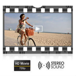 One touch recording of smooth 720P HD movies with stereo sound.