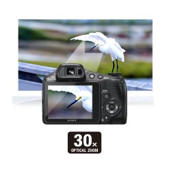 30x optical zoom with 27mm wide angle Carl Zeiss Vario-Sonnar lens.