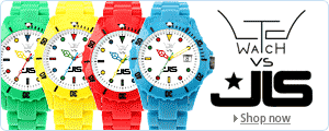 LTD vs JLS Watches promotion highlighting four brightly coloured watches