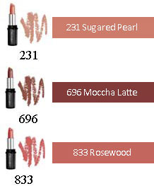 Lipcolour for fair skin tones: 231 Sugared Pearl, 510 English Rose, 610 Angel Pink, 696 Moccha Latte, 804 Hint of red, 825 Pink Brandy, 833 Rosewood, 859 Cinder, 894 Raisin