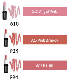 Lipcolour for fair skin tones: 231 Sugared Pearl, 510 English Rose, 610 Angel Pink, 696 Moccha Latte, 804 Hint of red, 825 Pink Brandy, 833 Rosewood, 859 Cinder, 894 Raisin