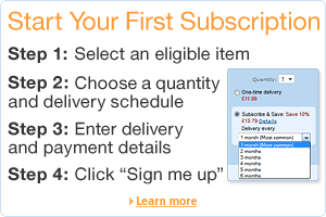 Get started with your first subscription--simply choose an eligible item, choose a quantity and delivery schedule, enter delivery and payment details and click 'Sign me up'