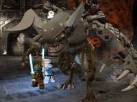 Clone and Jedi with a huge creature in Lego Star Wars III: The Clone Wars