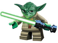 Close-up of the LEGO version of Yoda with his lightsaber from LEGO Star Wars III: The Clone Wars