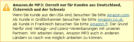 Amazon.de MP3-Downloads: derzeit nur f�r Kunden in Deutschland, �sterreich und der Schweiz