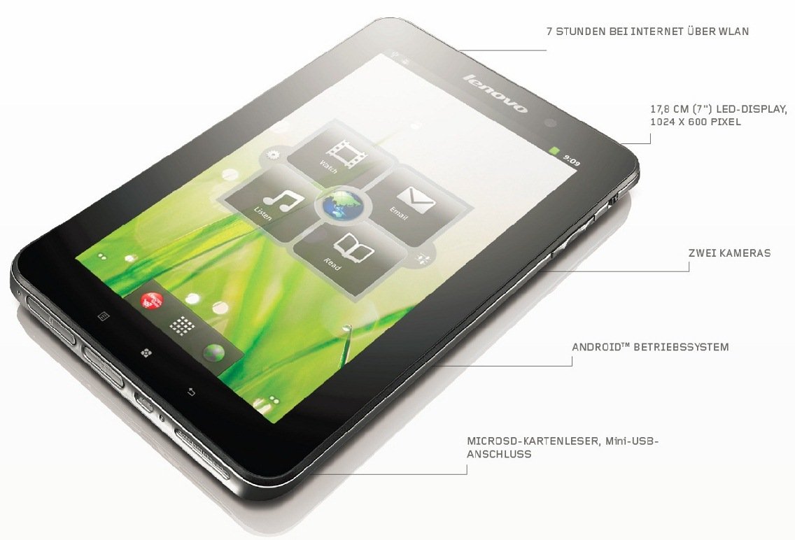  Das erschwingliche, elegante 17,8 cm (7 Zoll) IdeaPad Tablet A1 macht Eindruck.