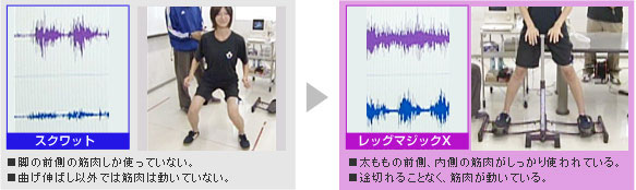 スクワットとレッグマジックXの筋電図