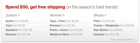 Spend 50 dollars get free shipping on the seasons best trends