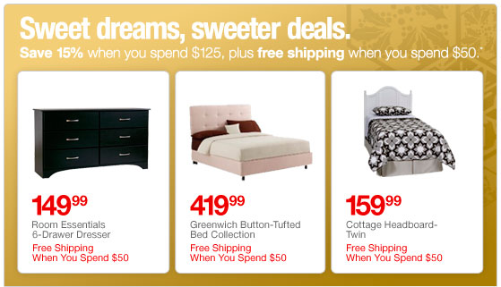 Save 15 percent when you spend 125 dollars plus free shipping when you spend 50