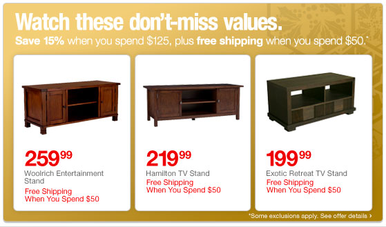 Save 15 percent when you spend 125 dollars plus free shipping when you spend 50
