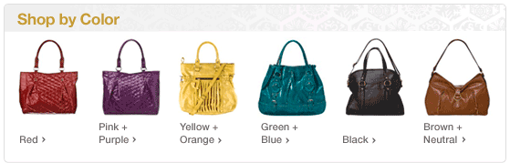 Shop by Color. Various colored purses pictured