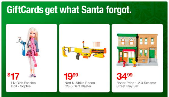 Giftcards get what santa forgot. 3 Toys items shown
