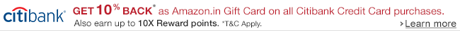 Get 10% back as Amazon.in Gift Cards on Citibank Credit Cards.